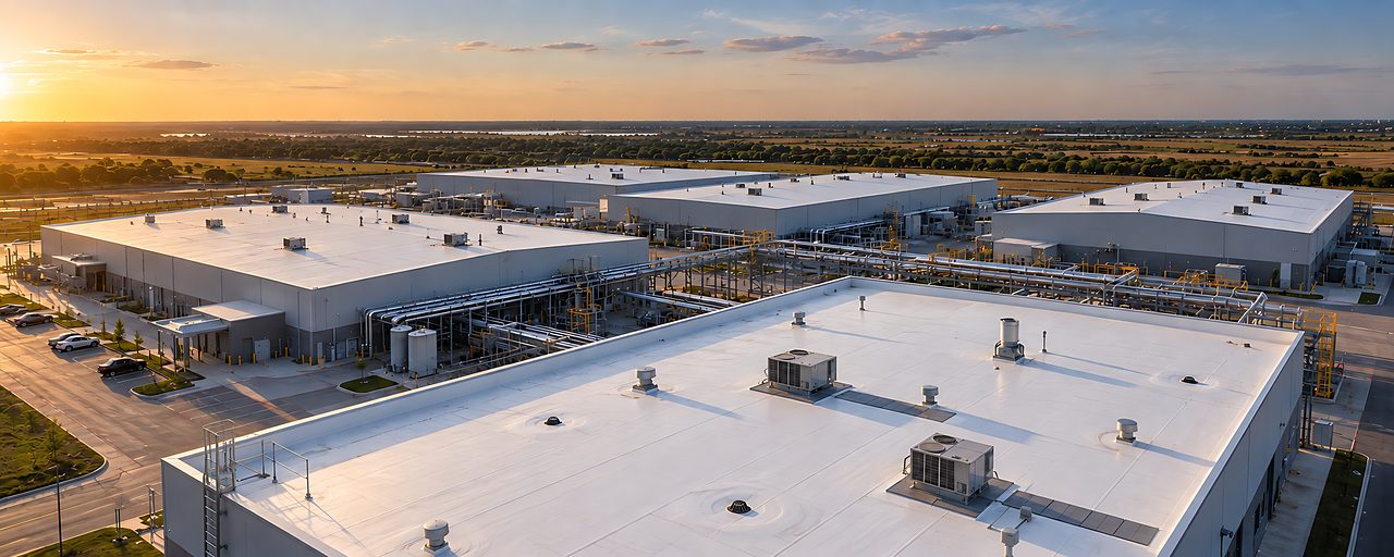 Aerial view at sunset of industrial buildings with white roofs and rooftop units (illustrative image)