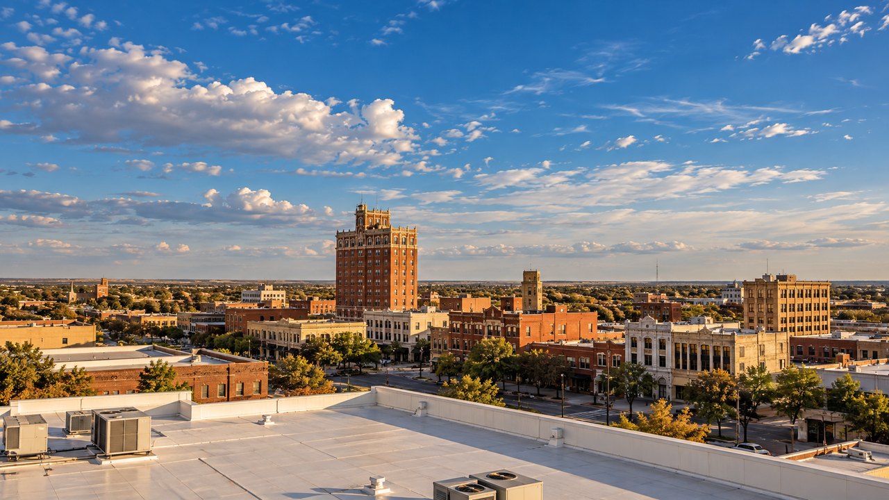 View from a San Angelo commercial rooftop toward downtown, with HVAC units in the foreground